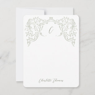Sage Sketched Vintage Flourish Monogram Stationery Note Card