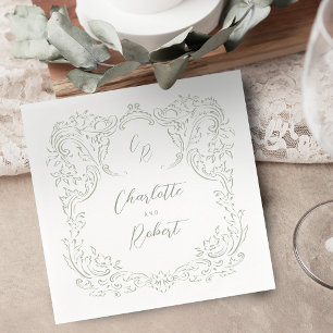 Sage Sketched Vintage Flourish Monogram Wedding Napkins