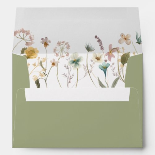 Sage Spring Pressed Flowers Return Address Wedding Envelope