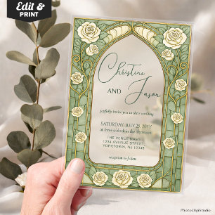 Sage Stained Glass Floral Art Nouveau Wedding  Acrylic Invitations
