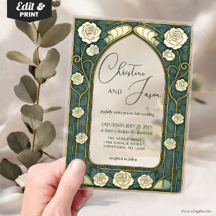 Sage Stained Glass Floral Art Nouveau Wedding  Acrylic Invitations