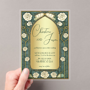 Sage Stained Glass Floral Art Nouveau Wedding Acrylic Invitations