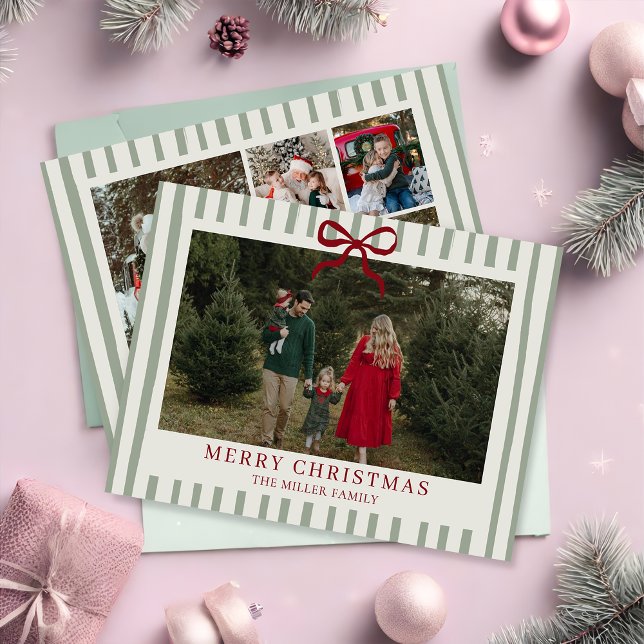 Sage Stripe Family Photo Christmas Holiday Card (Creator Uploaded)