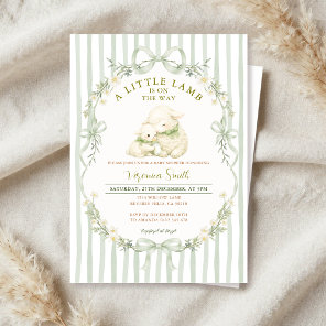 Sage Stripe Little Lamb Baby Shower Invitation