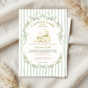 Sage Stripe Little Lamb Baby Shower Invitation