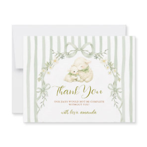 Sage Stripe Little Lamb Bow Baby Shower Floral Thank You Card