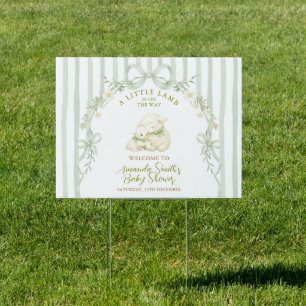 Sage Stripe Little Lamb Bow Baby Shower Welcome Sign