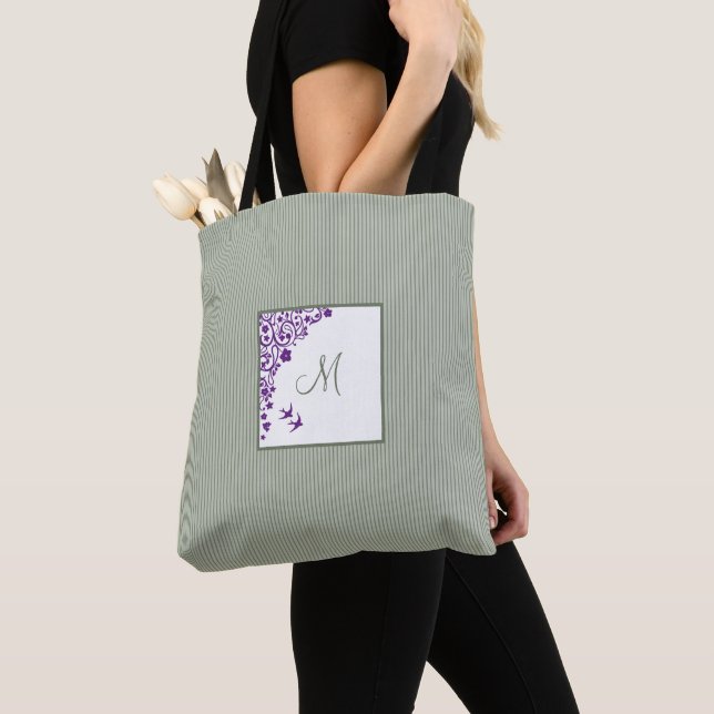 Sage Stripe Purple Floral Initial Script Monogram Tote Bag (Close Up)
