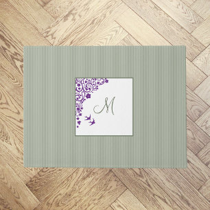 Sage Stripe Purple Floral Script Monogram Doormat
