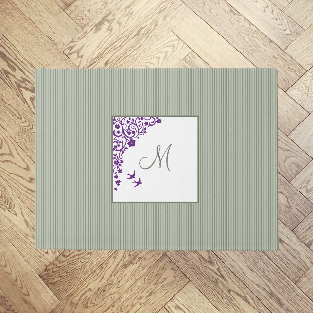 Sage Stripe Purple Floral Script Monogram Doormat (Creator Uploaded)