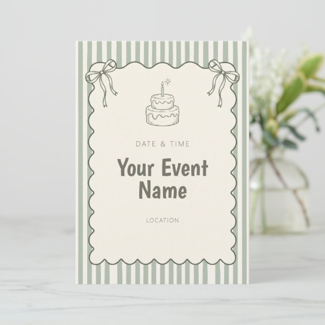 Sage Stripe Scallop Bow Layer Cake Invitation (Standing Front)