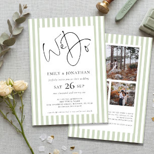 Sage Stripe We Do 3 Photos QR Code Wedding Invitation