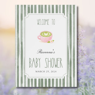Sage Striped Matcha Tea Classy Baby Shower Welcome Foam Board