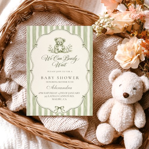 Sage Striped Teddy Bear Baby Shower Invitation