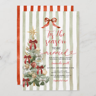 Sage Stripes Red Bow Christmas Tree Couple Wedding Invitation
