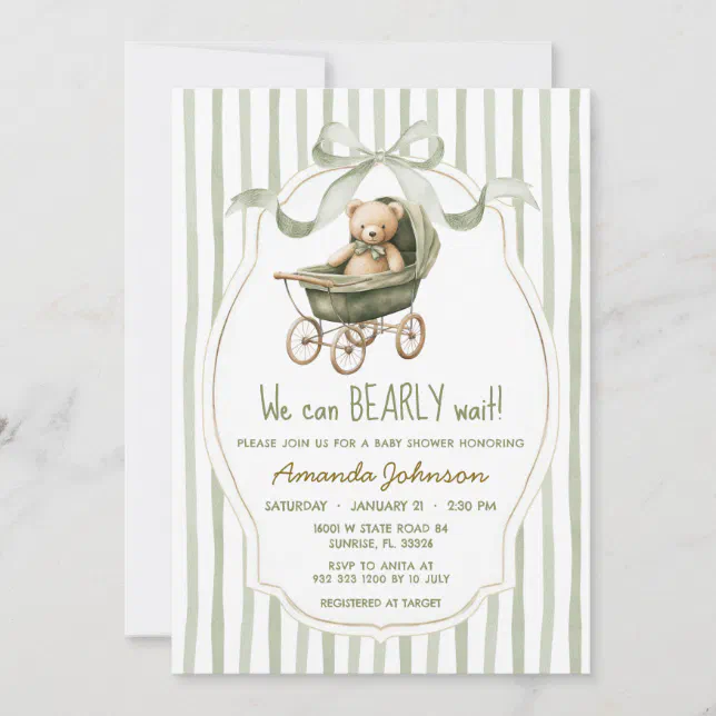 Sage Stroller We Can Bearly Wait Baby Shower Invitation | Zazzle