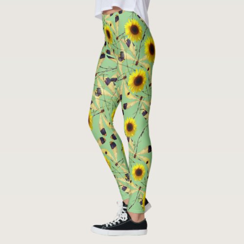 Sage Sunflower Dragenfly  Leggings