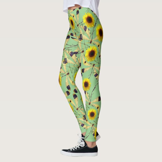 Sage Sunflower Dragenfly  Leggings (Left)