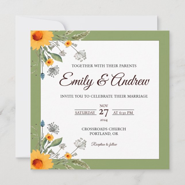 Sage Sunflower Floral Watercolor Square Wedding Invitation (Front)