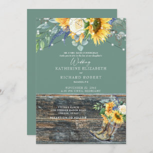 Sage Sunflower Rustic Wood Boots Lights Invitation