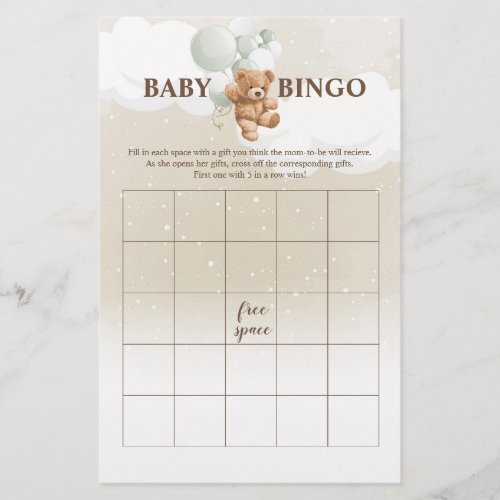 Sage Teddy Bear BINGO Baby Shower Games Flyer