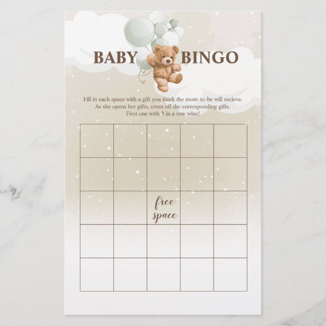Sage Teddy Bear BINGO Baby Shower Games Flyer (Front)