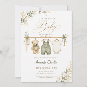 Sage Teddy Bear & Clothes Baby Shower Invitation