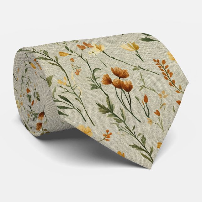 Sage & Terracotta Boho Wildflower Wedding Neck Tie (Rolled)