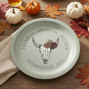 Sage Thankful Grateful Blessed Thanksgiving Paper Plates