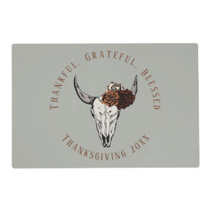 Sage Thanksgiving Gratitude Cow Skull and Roses Placemat