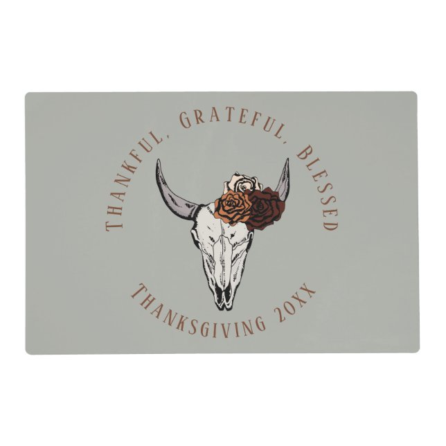 Sage Thanksgiving Gratitude Cow Skull and Roses Placemat (Front)