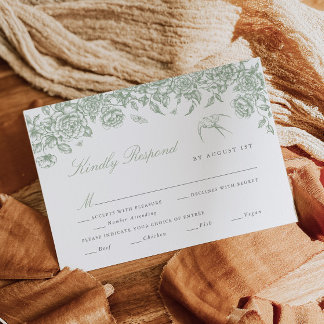 Sage Toile Wedding RSVP Card with Meal Choices 