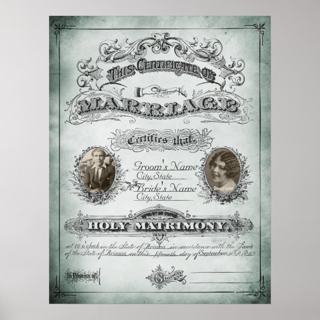 Sage Tone Vintage Marriage Certificate Poster (Front)