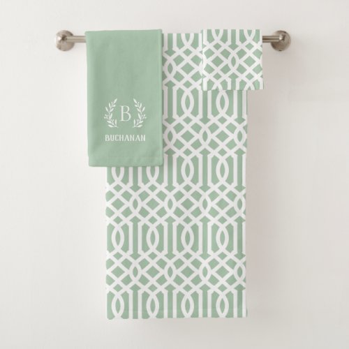Sage Trellis and Branch Monogram Bath Towel Set