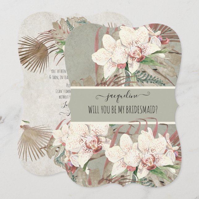 Sage Tropical Orchid Floral Be my Bridesmaid Invitation (Front/Back)