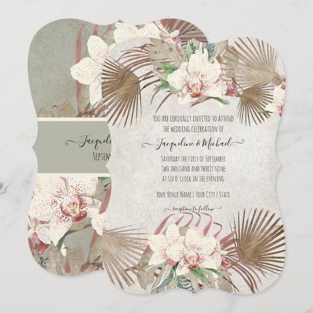 Sage Tropical Orchid Floral Palm Foliage Invitation (Front/Back)
