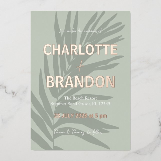 Sage Tropical Palm Leaf Wedding  Foil Invitation (Front)