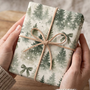 Sage Velvet Bow Pine Forest Christmas Wrapping Paper Sheets