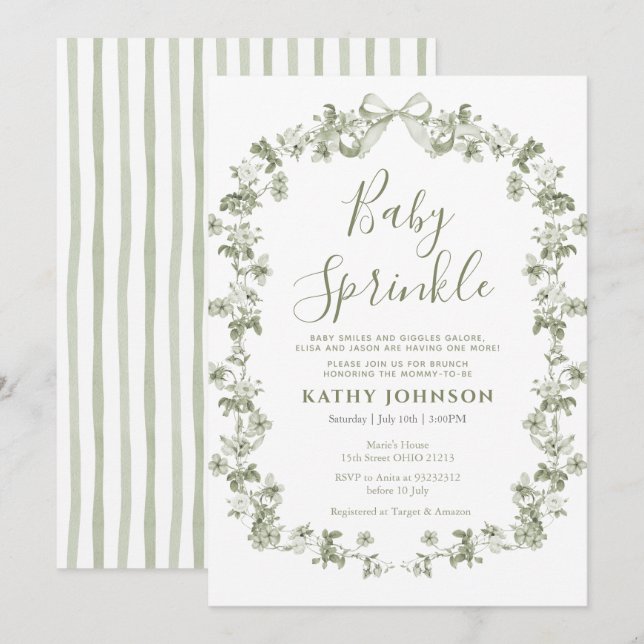 Sage Vintage Coquette Floral Baby Sprinkle Invitation (Front/Back)