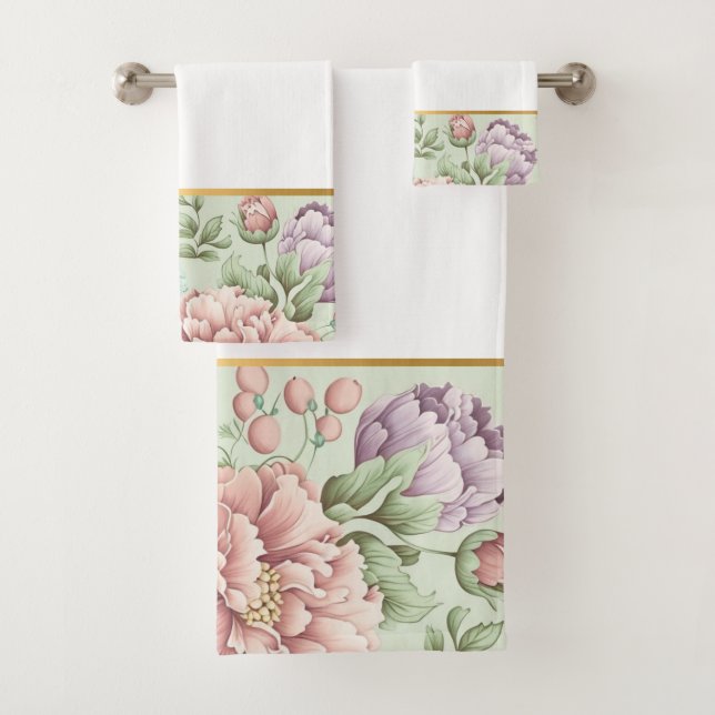 SAGE VINTAGE FLORAL GOLD BATHROOM TOWEL SET (Insitu)