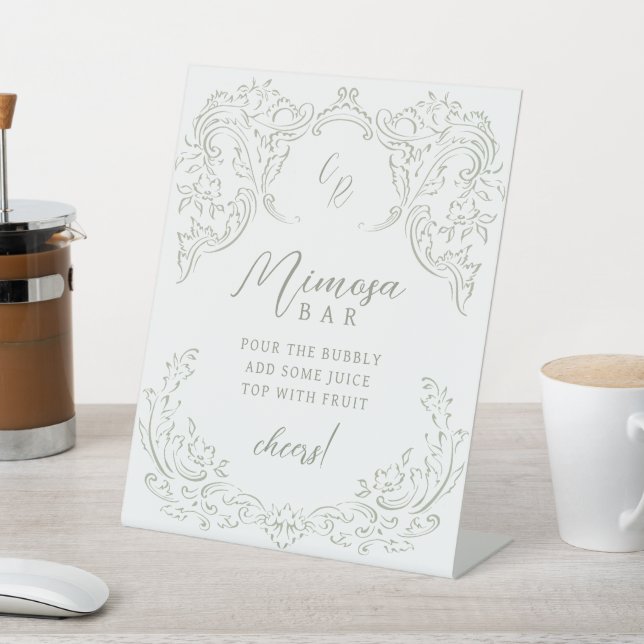 Sage Vintage Flourish Monogram Mimosa Bar Pedestal Sign (In SItu)