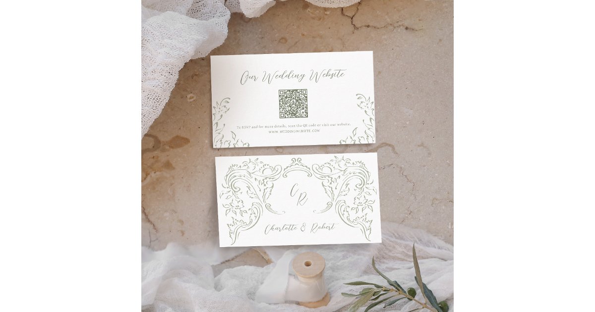 Sage Vintage Flourish QR code Website Card | Zazzle