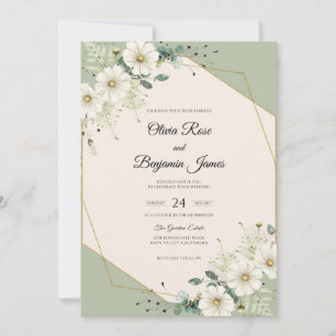 Sage Warm White Daisy Eucalyptus Wedding Invitation