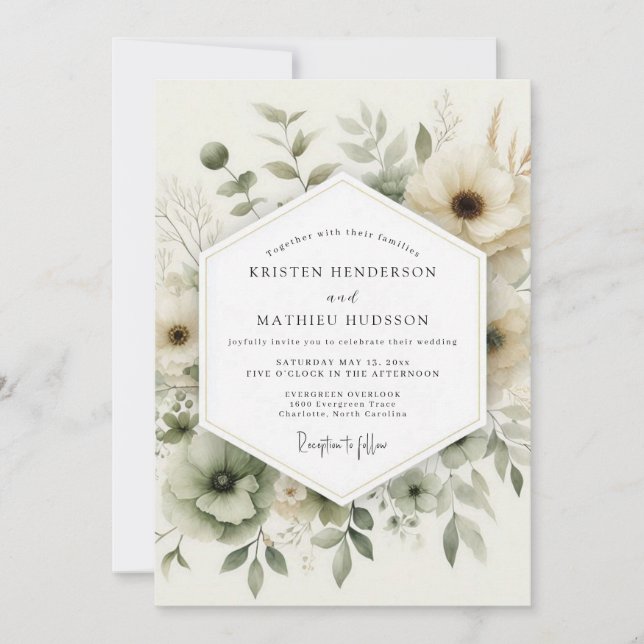 Sage Watercolor Anemone Wedding Invitation (Front)