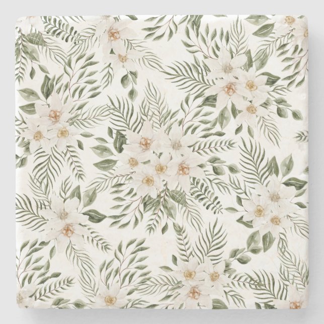 Sage Watercolor Flower Pattern Stone Coasters (Front)