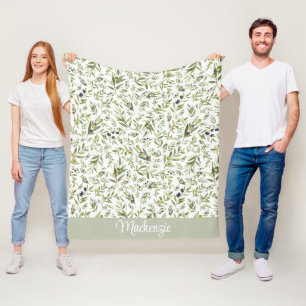 Sage Watercolor French Country Olive Name Monogram Fleece Blanket
