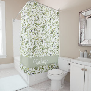 Sage Watercolor French Country Olive Name Monogram Shower Curtain