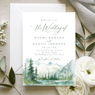 Sage Watercolor Mountain Forest Rustic Wedding Invitation