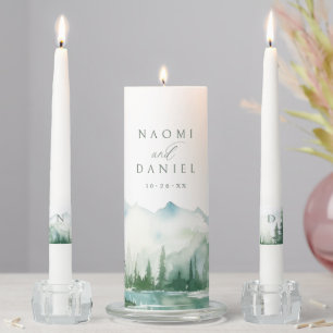 Sage Watercolor Mountain Forest Rustic Wedding Unity Candle Set