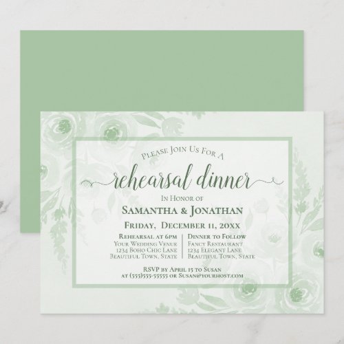 Sage Watercolor Peonies Wedding Rehearsal Dinner Invitation